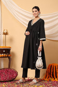 Elegant Black Festive Polyester Suit Set: Convenient Feeding for easy nursing, featuring a Relaxed Maternity silhouette.