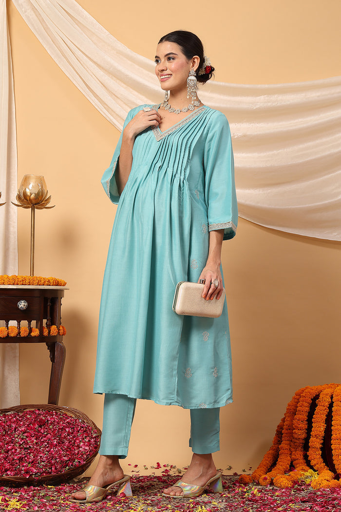 Close-up of the Elegant Turquoise Festive pattern and soft Polyester fabric texture.