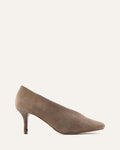 Brown suede high heel shoe on a white background