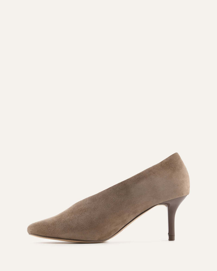 Brown suede high heel shoe on a white background