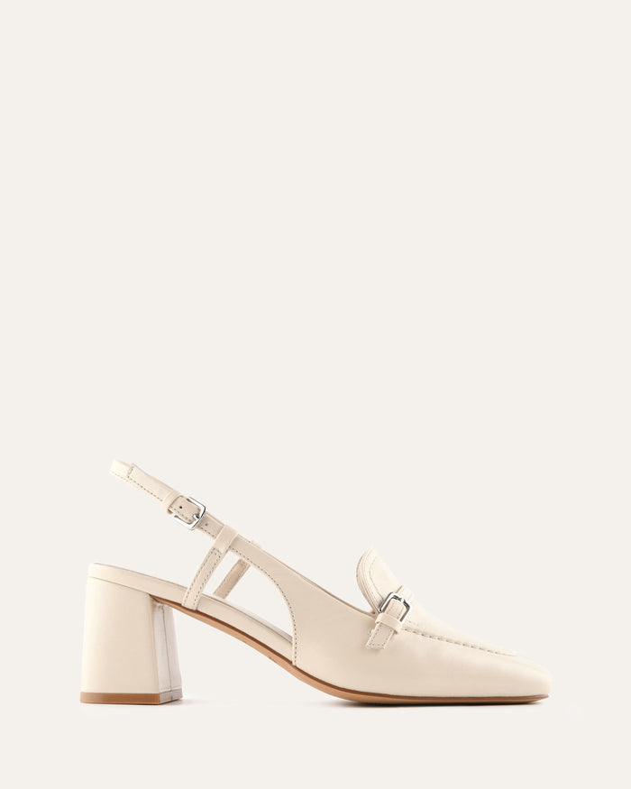 White sandal with a block heel on a white background