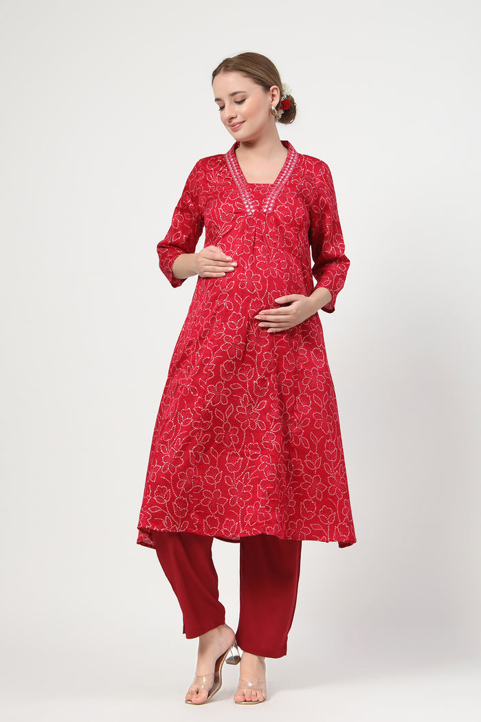 Embroidered Floral Foil Rayon Kurta Set: Convenient Feeding for easy nursing, featuring a Relaxed Maternity silhouette.