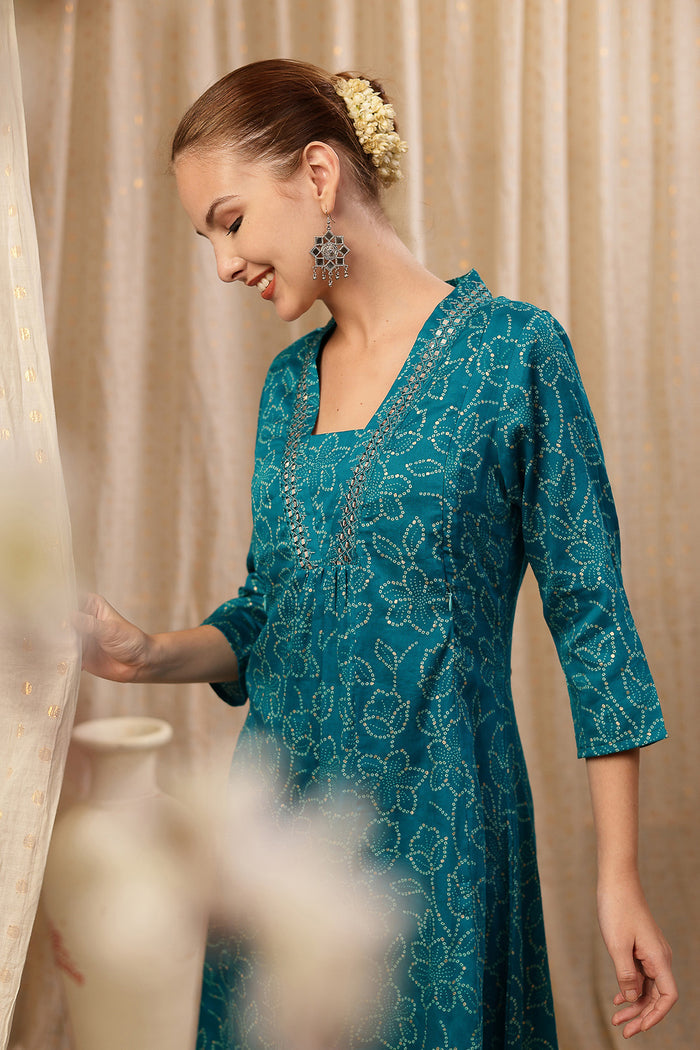 Close-up of the Embroidered Floral Foil pattern and soft Rayon fabric texture.