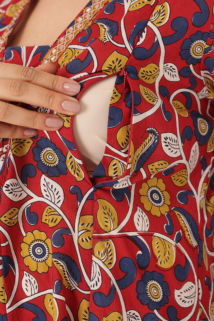 Embroidered Floral Print Cotton Maternity & Nursing Kurta Set - Crimson Red