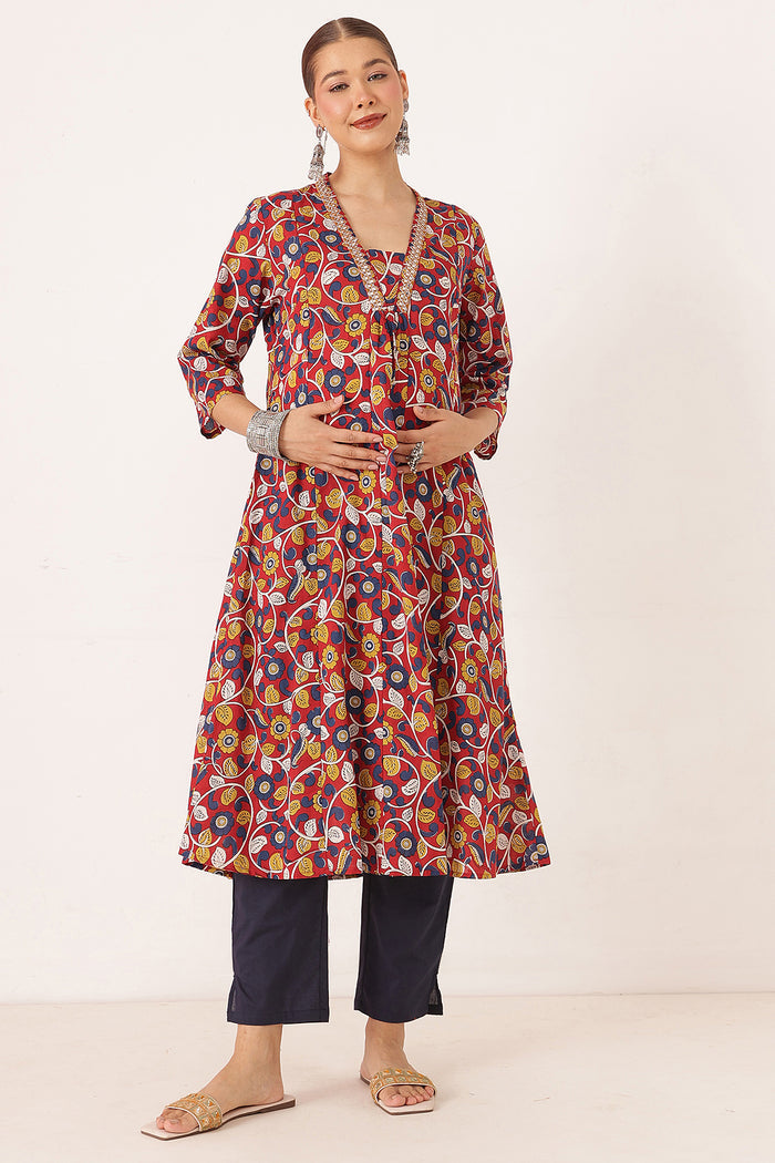 Embroidered Floral Print Cotton Maternity & Nursing Kurta Set - Crimson Red