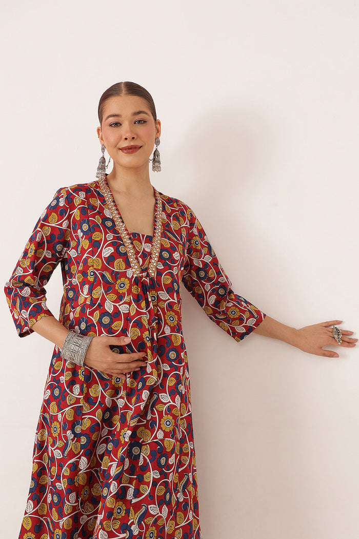 Embroidered Floral Print Cotton Maternity & Nursing Kurta Set - Crimson Red
