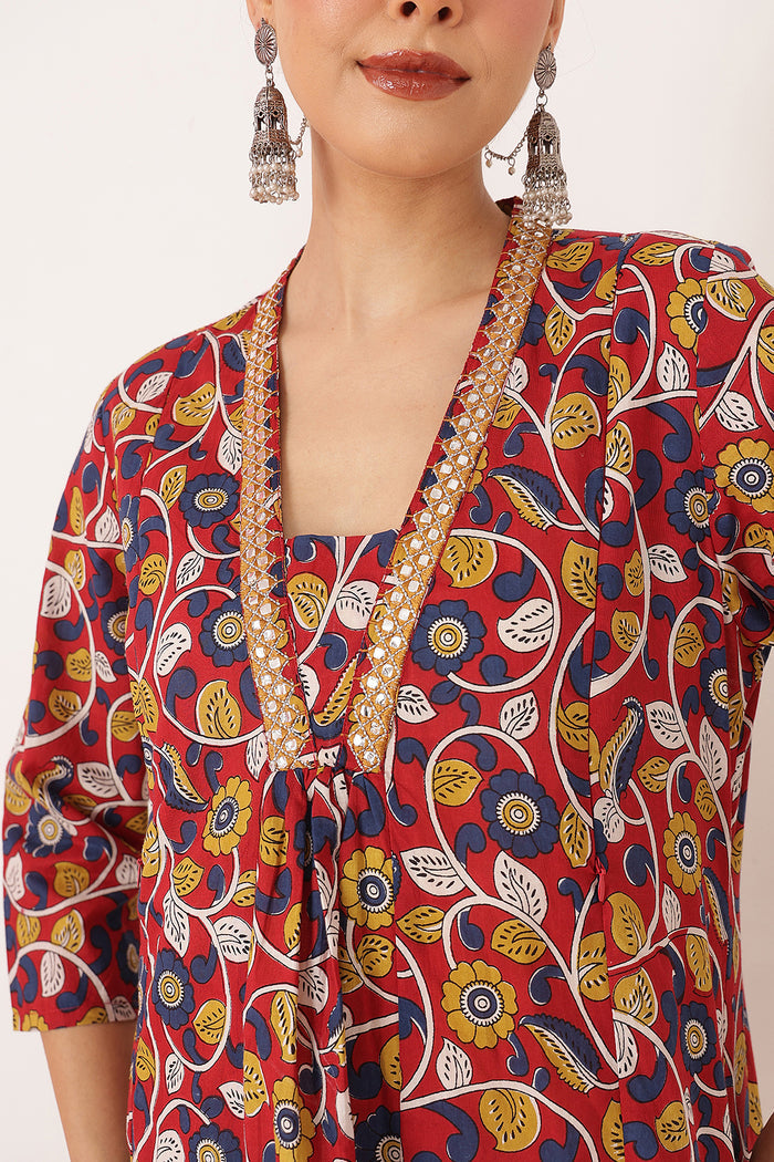 Embroidered Floral Print Cotton Maternity & Nursing Kurta Set - Crimson Red