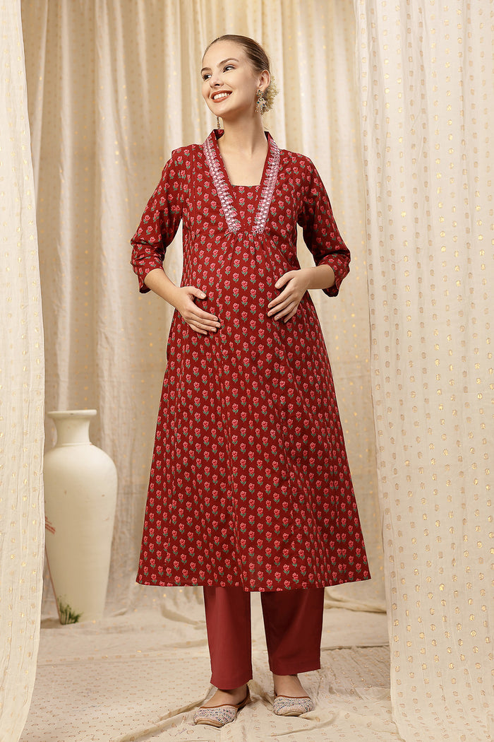 Side profile of the Embroidered Floral Cotton Kurta Set, showing the smooth drape of the Cotton fabric.