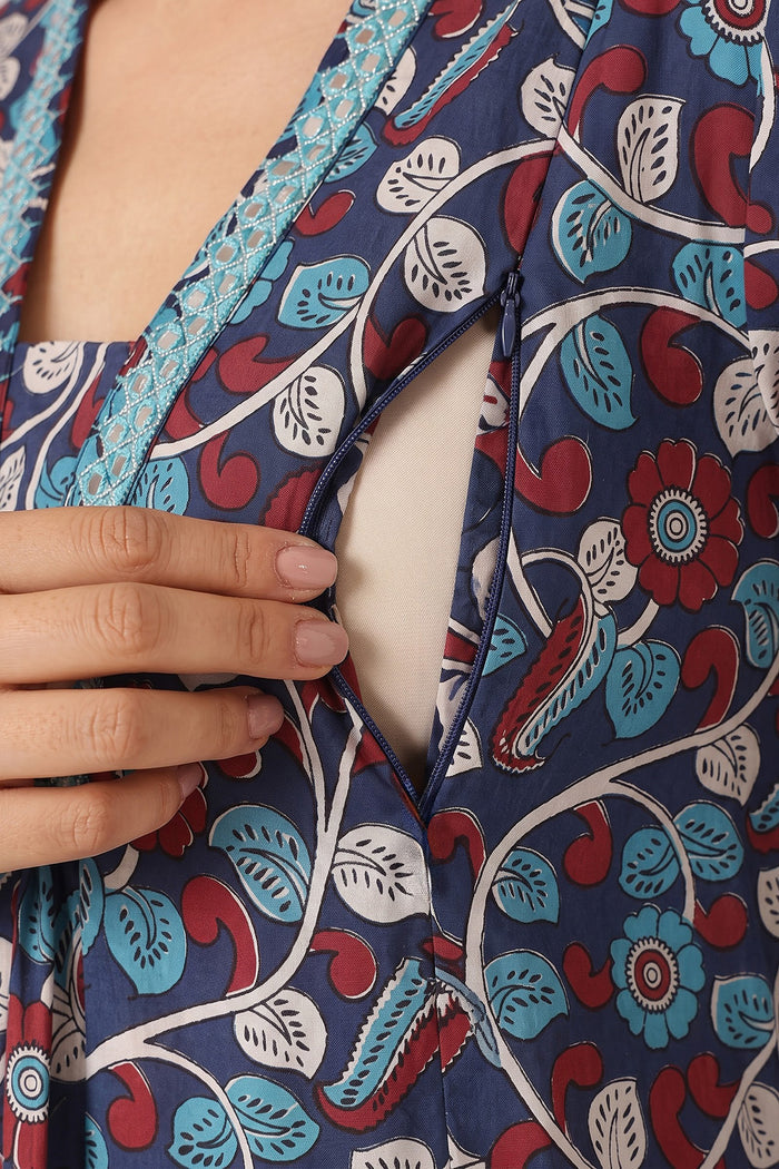 Embroidered Floral Print Cotton Maternity & Nursing Kurta Set - Royal Blue