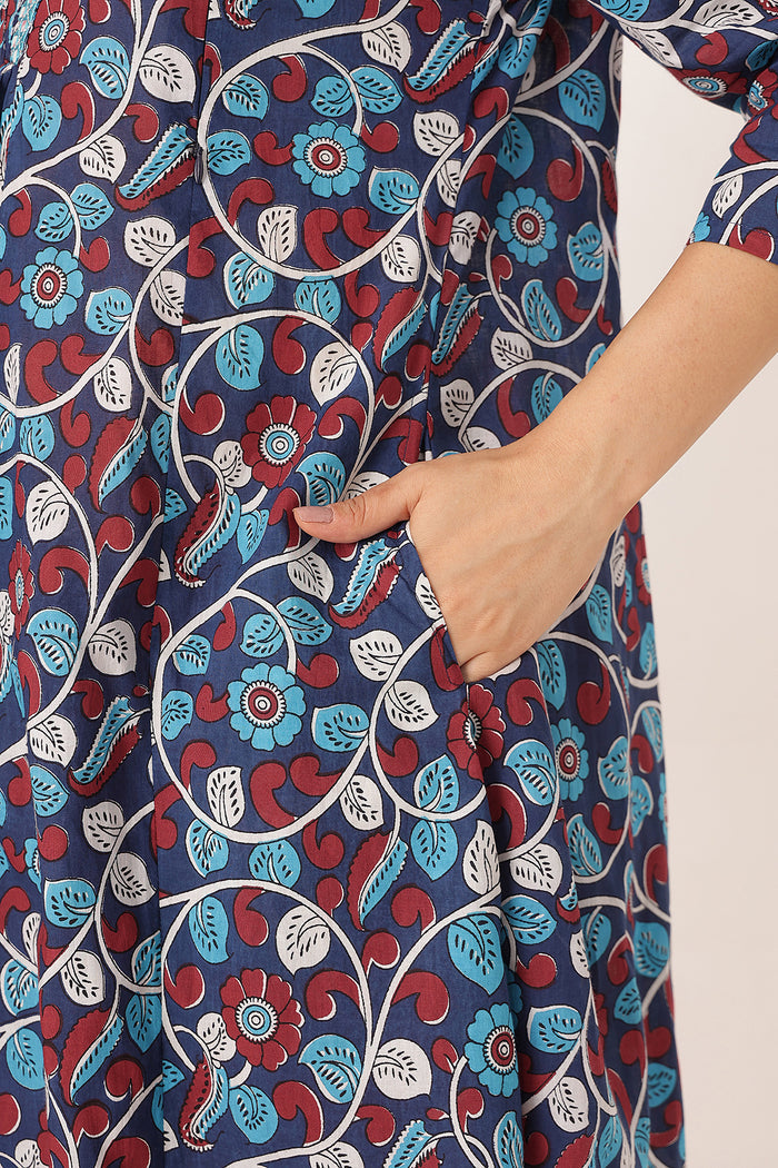 Embroidered Floral Print Cotton Maternity & Nursing Kurta Set - Royal Blue