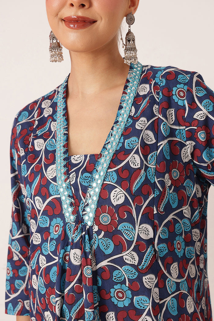 Embroidered Floral Print Cotton Maternity & Nursing Kurta Set - Royal Blue
