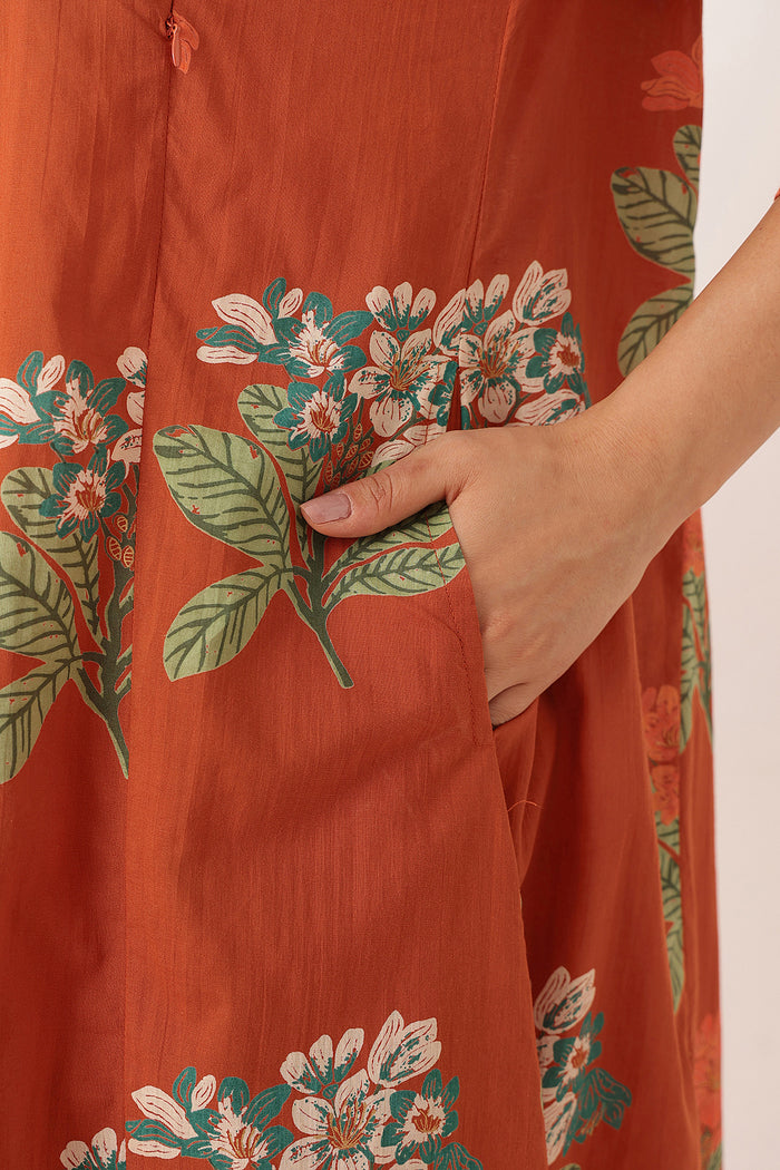 Embroidered Floral Print Cotton Maternity & Nursing Kurta Set - Rust Orange