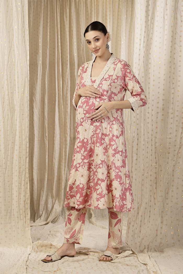 Side profile of the Embroidered Zip Kurta-Pant Kurta Set, showing the smooth drape of the Rayon fabric.