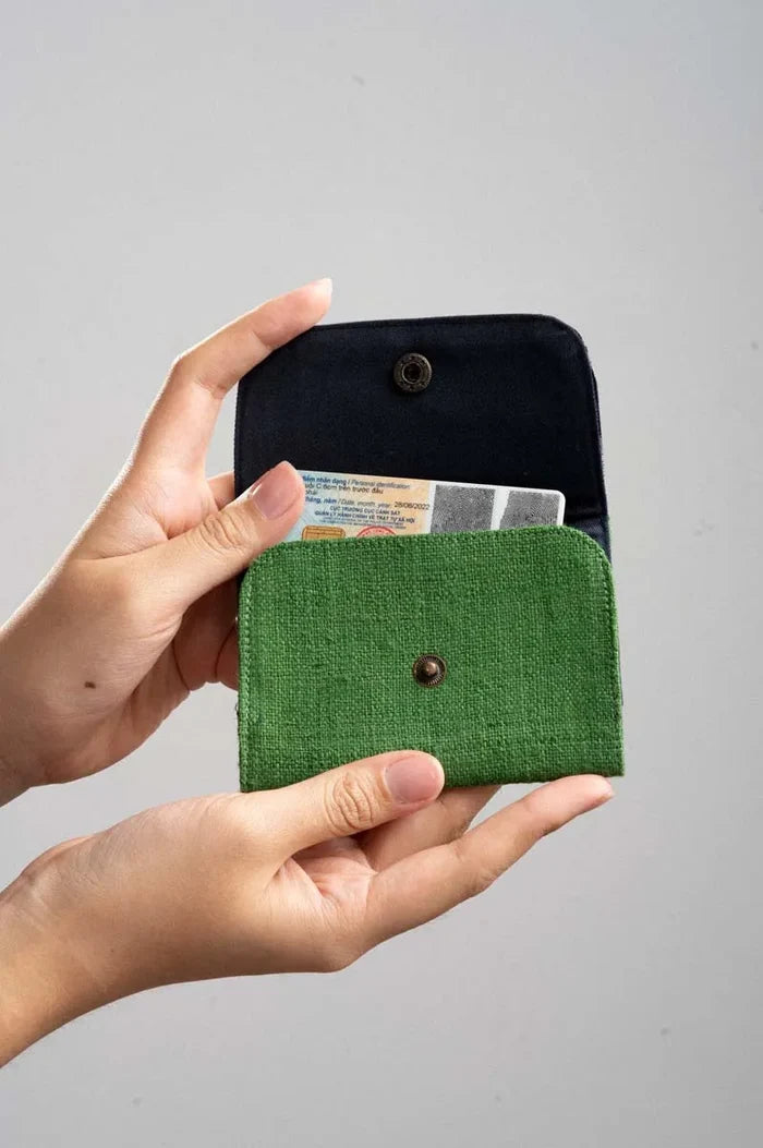 Vindigo green batik hemp cardholder shown open with black inner flap