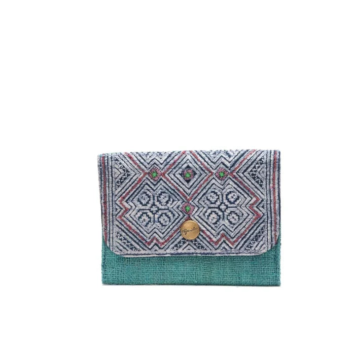 Vindigo H’mong batik cardholder with geometric pattern and green hemp base