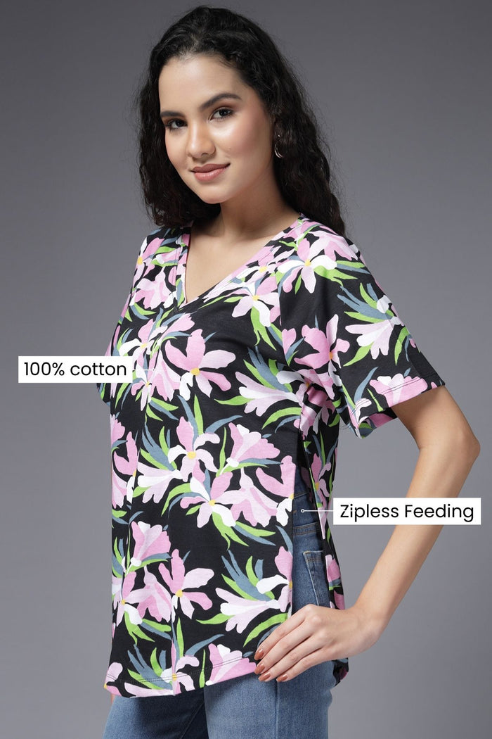 Model wearing Enchanted Bloom Top; garment provides coverage and fit for a changing body.