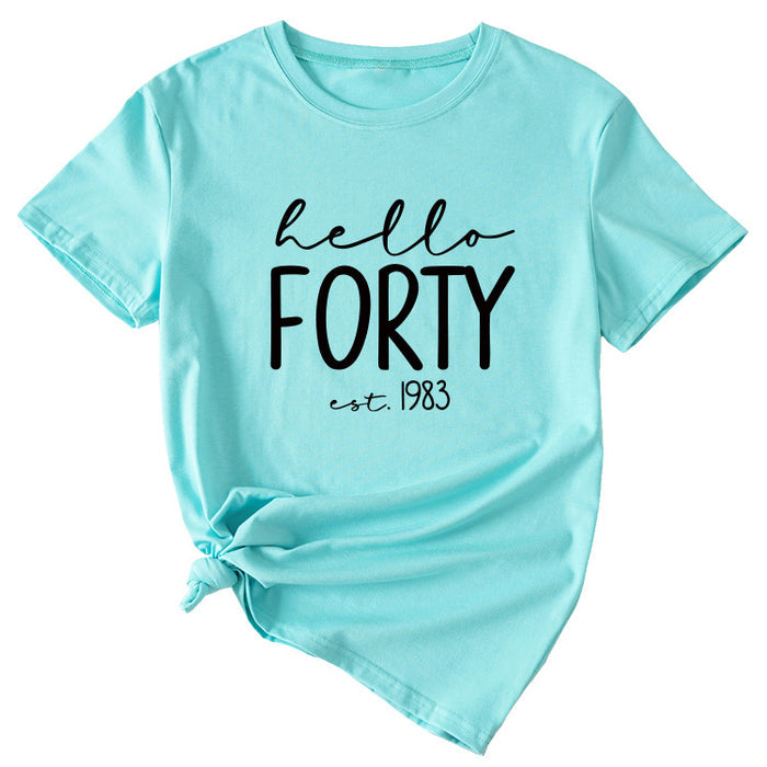 English Letter Hello Forest Est 1983 Round Neck Short Sleeve T-shirt