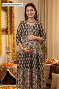 Ethnic Cotton Tiered Maternity Kurti for Feeding - Black