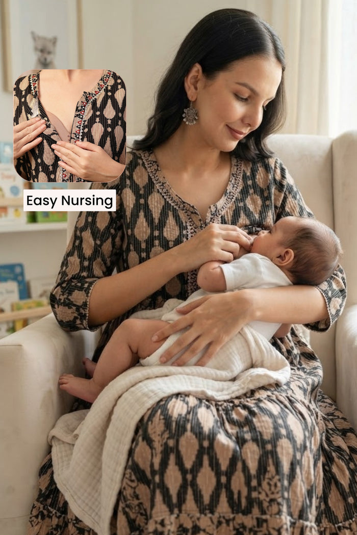Ethnic Cotton Tiered Maternity Kurti for Feeding - Black