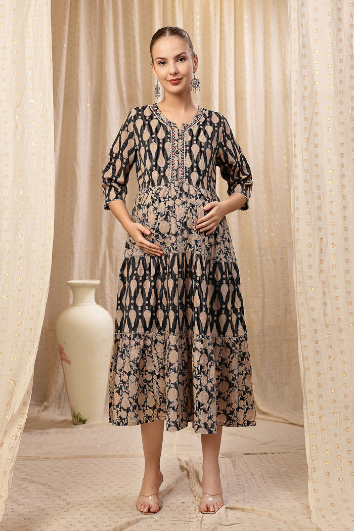 Full view of the Ethnic Cotton Tiered Kurti for Feeding Cotton Kurti on a model, highlighting its A-line fit and length.