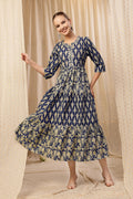 Full view of the Ethnic Cotton Tiered Kurti for Feeding Cotton Kurti on a model, highlighting its A-line fit and length.