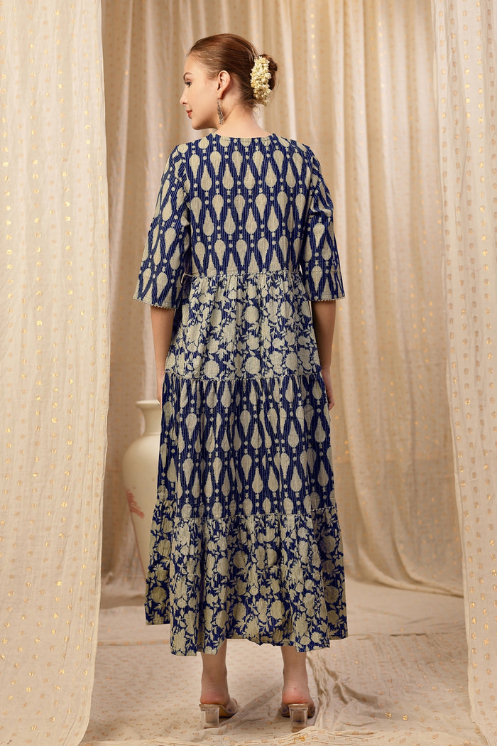 Detailed shot of the Cotton fabric and color/print of the Ethnic Cotton Tiered Kurti for Feeding Kurti.