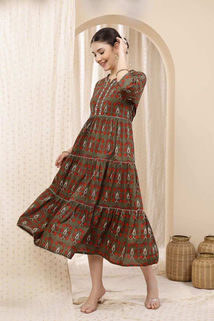 Model posing, highlighting the accessible discreet nursing zips of the Ethnic Cotton Tiered Kurti for Feeding Kurti.