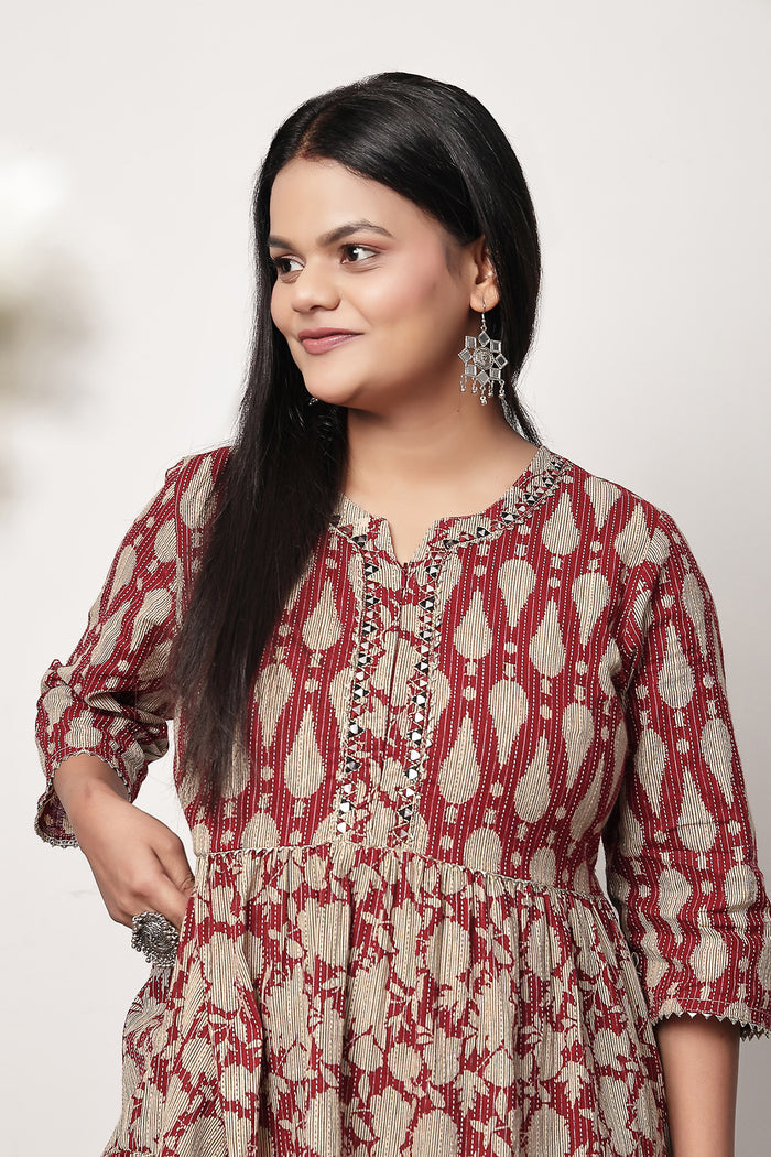 The Cotton Ethnic Cotton Tiered Kurti for Feeding Kurti featuring discreet nursing zips for new mothers.