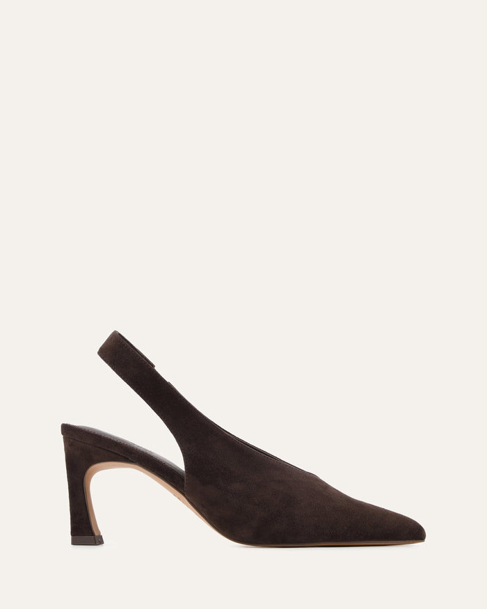 Brown suede slingback shoe on a light beige background