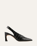 Black crocodile-patterned slingback shoe on a light gray background