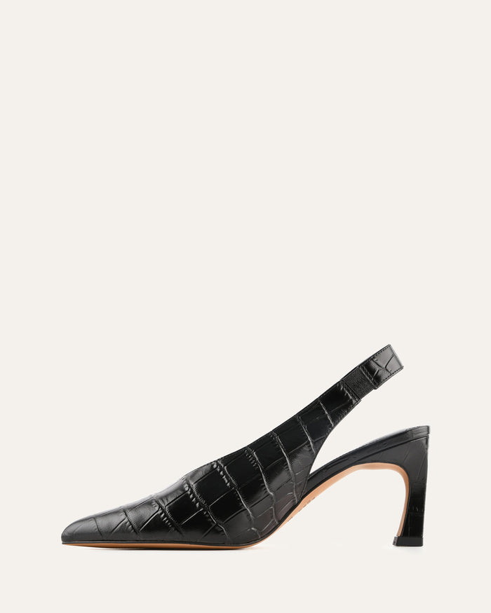 Black slingback high heel shoe on a white background