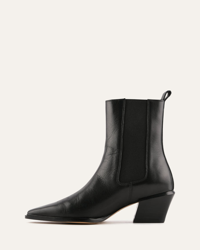 Black leather ankle boot on a white background