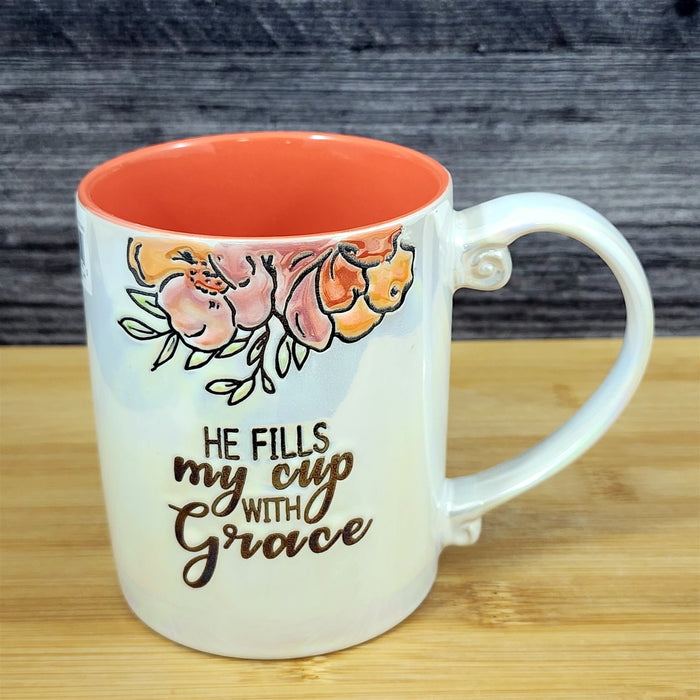 Faith & Flowers Coffee Mug Cup "He Fills My Cup W/Grace" Luster Glaze Blue Sky