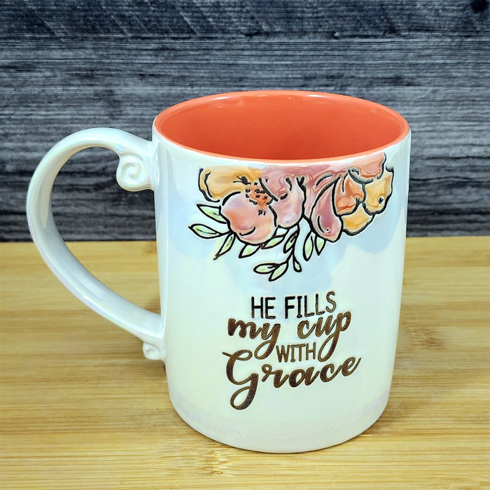 Faith & Flowers Coffee Mug Cup "He Fills My Cup W/Grace" Luster Glaze Blue Sky