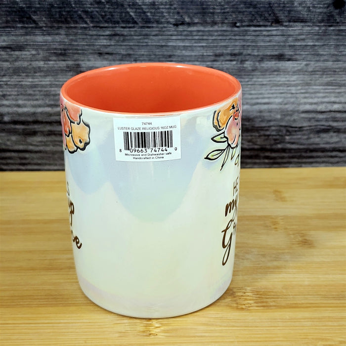 Faith & Flowers Coffee Mug Cup "He Fills My Cup W/Grace" Luster Glaze Blue Sky