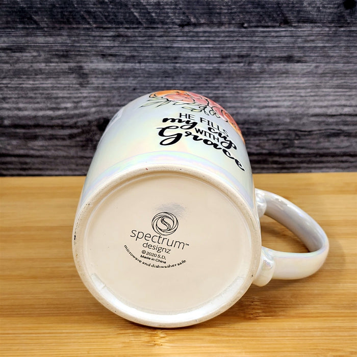 Faith & Flowers Coffee Mug Cup "He Fills My Cup W/Grace" Luster Glaze Blue Sky