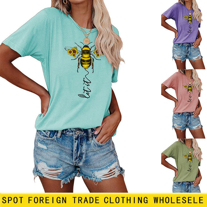 Fashion Women's Clothing Let It Bee Pattern Summer Crewneck Short Sleeve Women