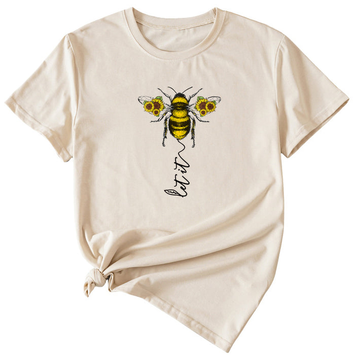 Fashion Women's Clothing Let It Bee Pattern Summer Crewneck Short Sleeve Women