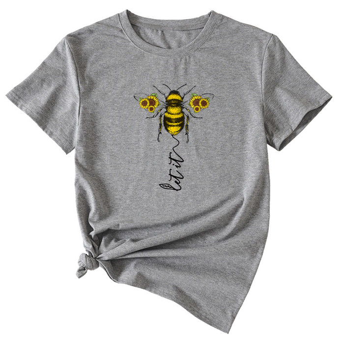 Fashion Women's Clothing Let It Bee Pattern Summer Crewneck Short Sleeve Women