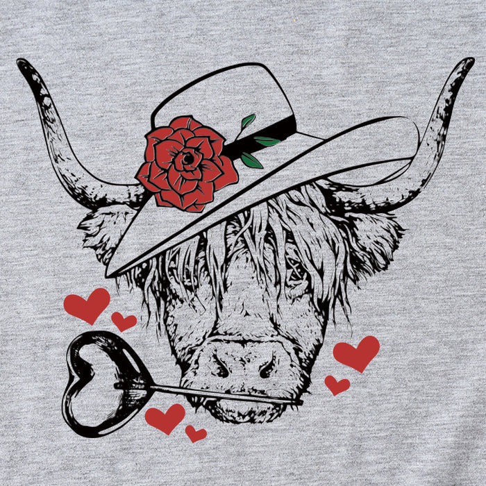 Fashion Women's Rose Bullhead Pattern, Casual Crewneck Short Sleeves T Shirt