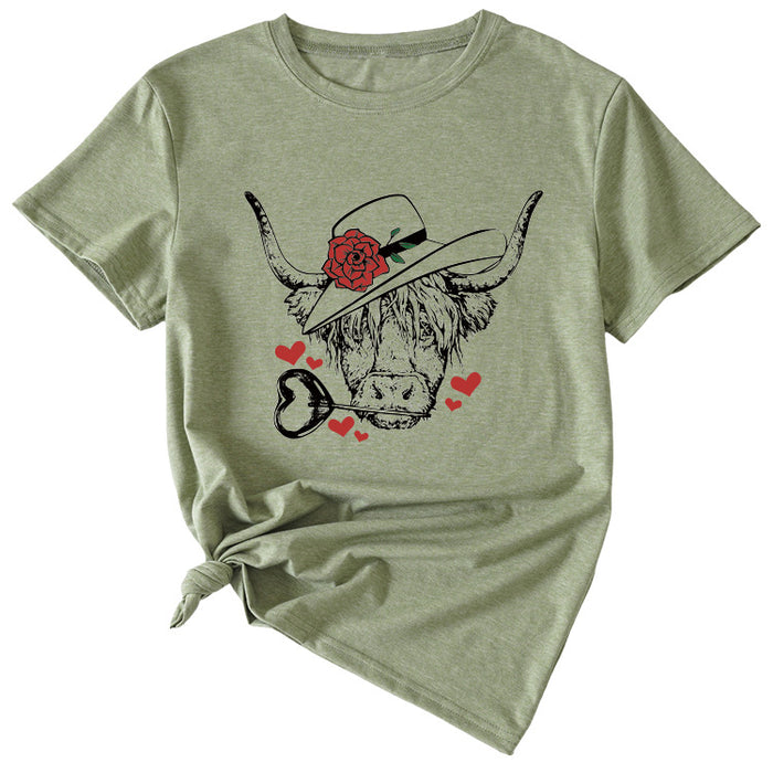 Fashion Women's Rose Bullhead Pattern, Casual Crewneck Short Sleeves T Shirt