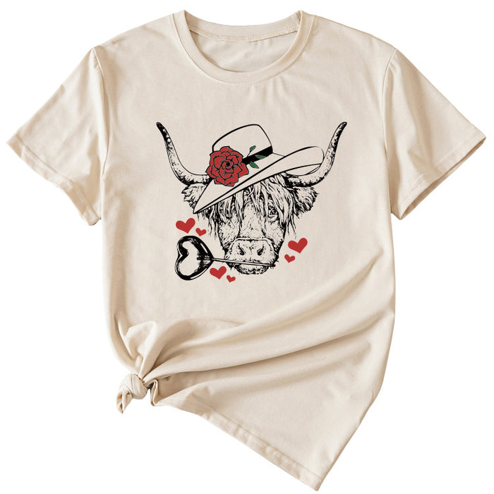 Fashion Women's Rose Bullhead Pattern, Casual Crewneck Short Sleeves T Shirt