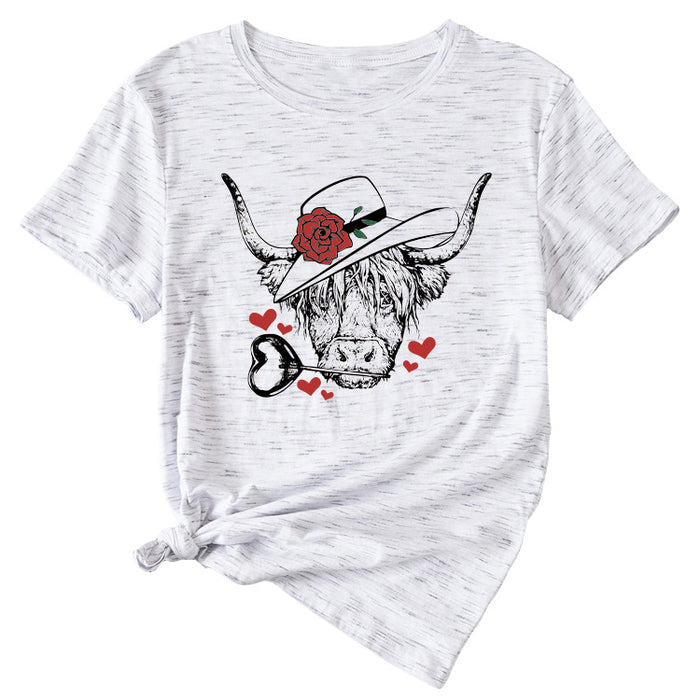 Fashion Women's Rose Bullhead Pattern, Casual Crewneck Short Sleeves T Shirt