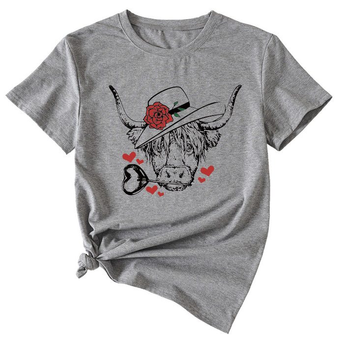 Fashion Women's Rose Bullhead Pattern, Casual Crewneck Short Sleeves T Shirt