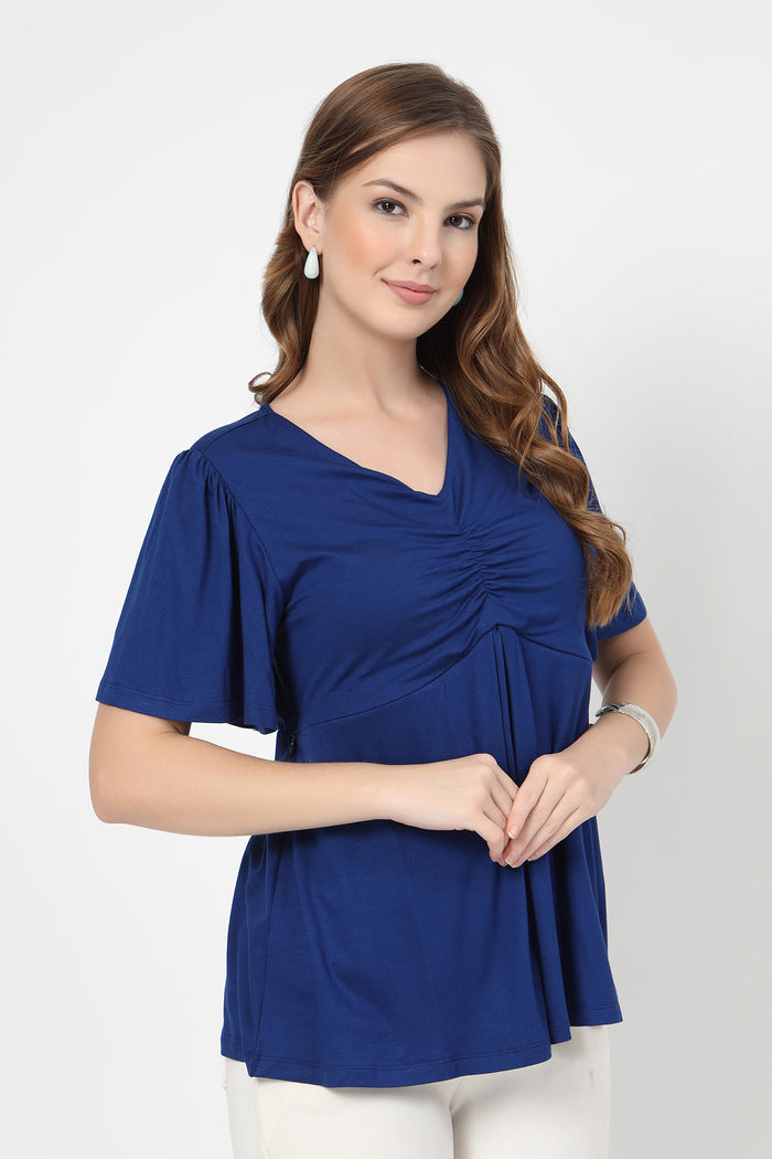 Interior view of Feeding top with in-built bra - Royal Blue showing Zip.