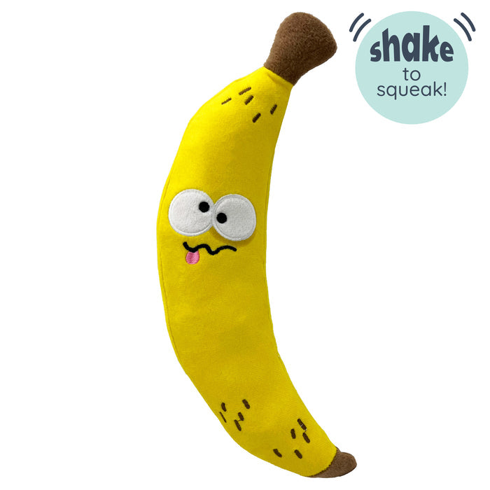 Dog with Fetchies® Bruiser Banana on a white background.
