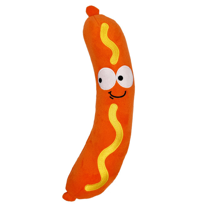 Dog with Fetchies® Sammy Sausage on a white background.