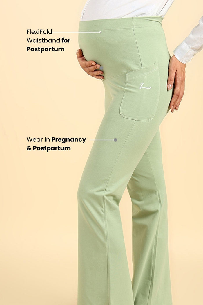 Fit & Flare Cotton Pistachio Green Maternity Pants (Pregnancy & Postpartum) - House Of Zelena™