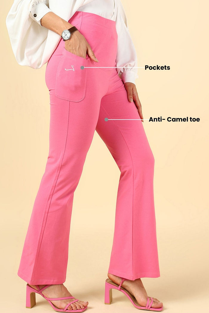 Pink Flare Pants waistband; stretchy band ensures comfortable fit for growing abdomen.