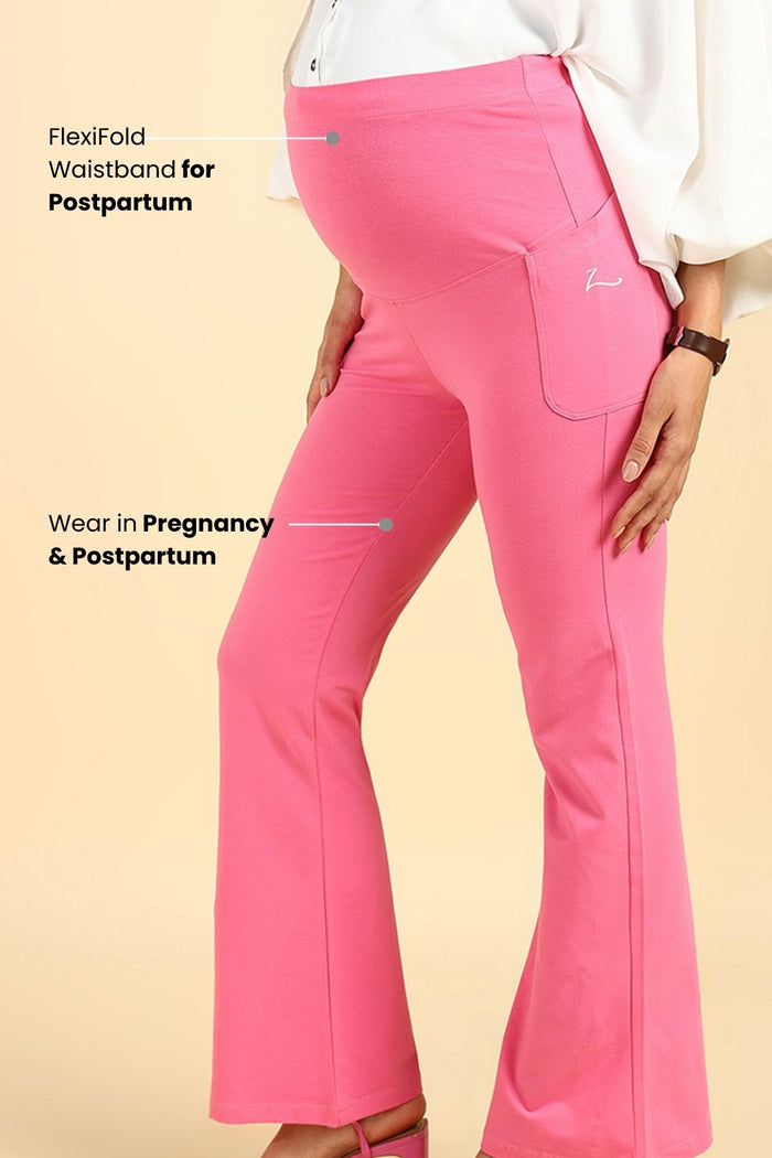 Pink Cotton Flare Pants pocket; functional pockets store phone and essentials.